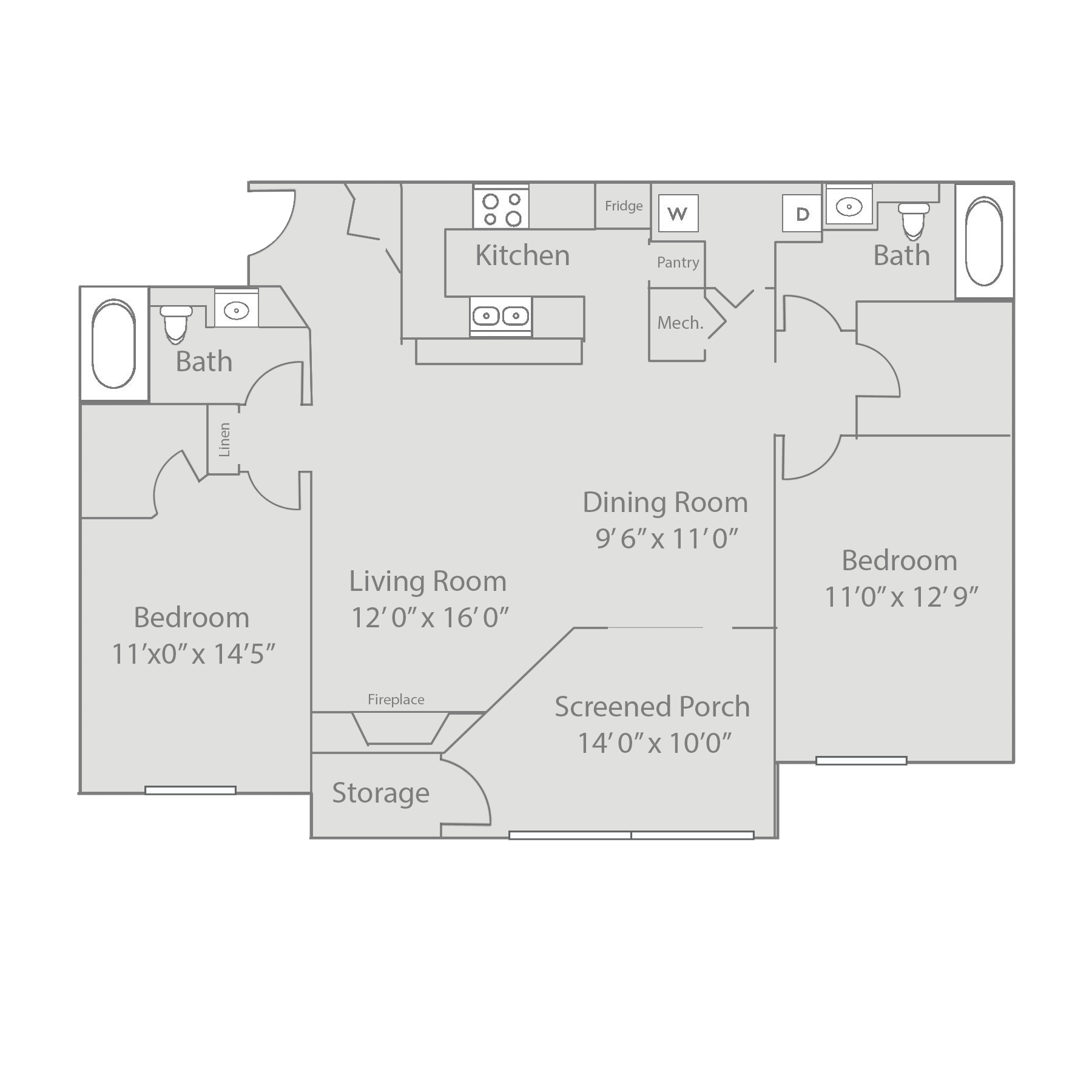 Floor plan for 2 beds, 2 baths, 1259 sqft